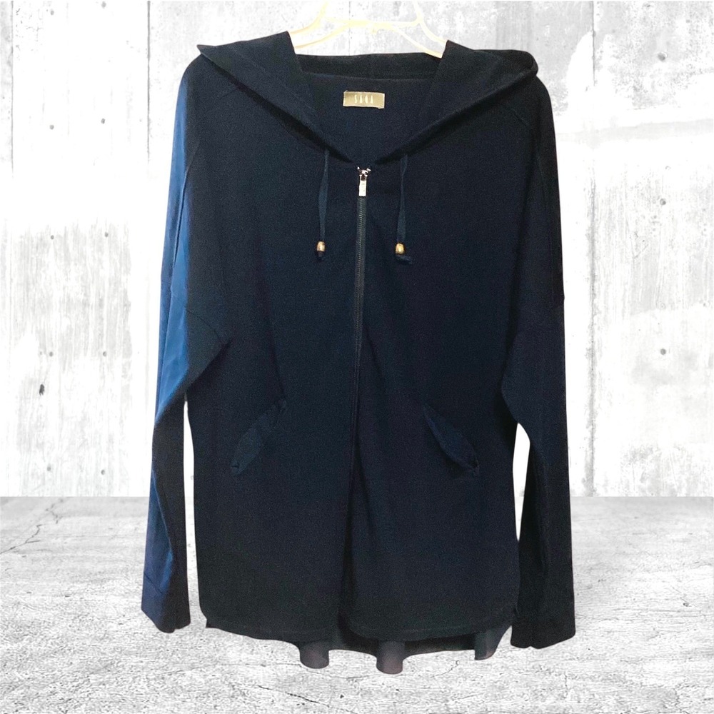 SAGA Women's Long Sleeve Jacket w Hood Mixed Media Contrasting Fabric Blue Size3 - Picture 10 of 11